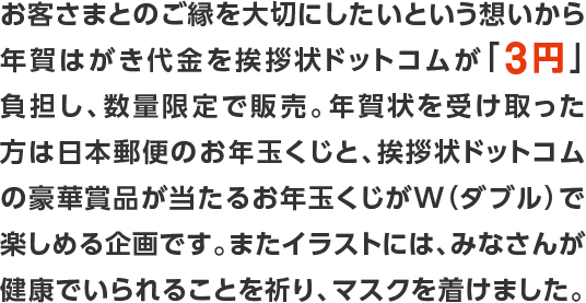 お客さまとのご縁を大切にしたいという想いから
年賀はがき代金を挨拶状ドットコムが「3円」負担し、
数量限定で販売。年賀状を受け取った方は日本郵便のお年玉くじと、
挨拶状ドットコムの豪華賞品が当たるお年玉くじがW(ダブル)で
楽しめる企画です。またイラストには、みなさんが健康で
いられることを祈り、マスクを着けました。