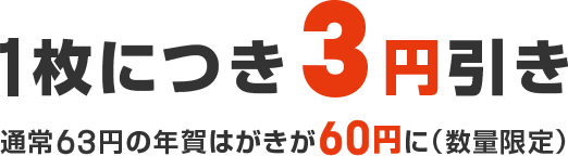 1枚につき3円引き
通常63円の官製はがきが60円に(数量限定)